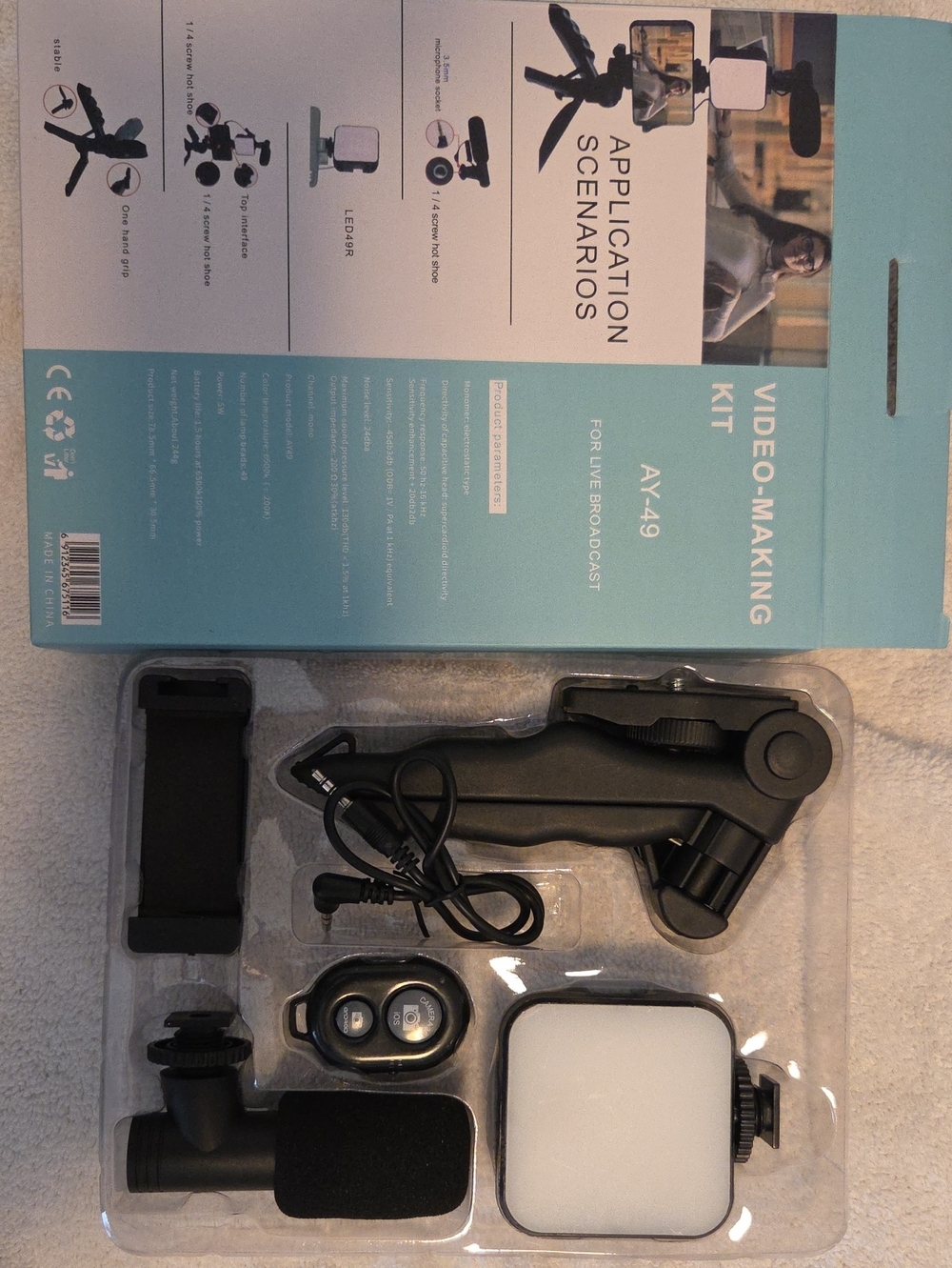 Video-Making Kit with Lavalier Mic, LED Light & Tripod Arm — Black/White